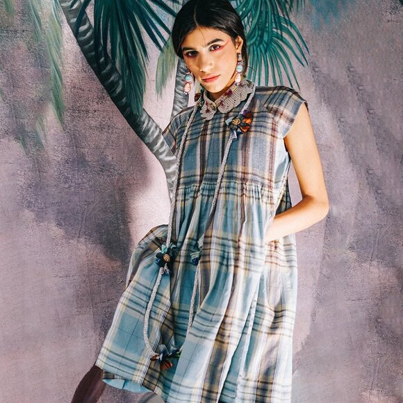 Traces Of Me Tunic Mahi Cotton Silk Plaid Dress Blue Slow Fashion Size Medium - Picture 1 of 11